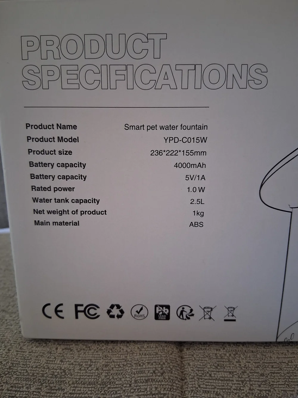 Smart Pet Water Fountain - White with Black Top NIB.  A8